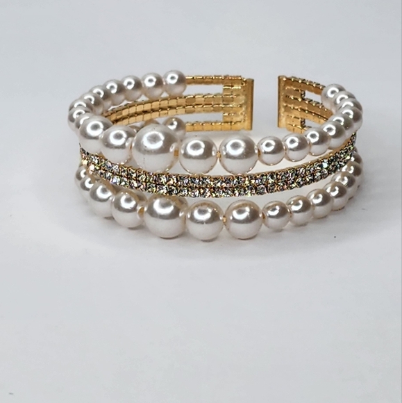 Multi-layer Pearl & Rhinestone Crystal Wrap Stretch Open Cuff Women's Bracelet - Picture 5 of 5